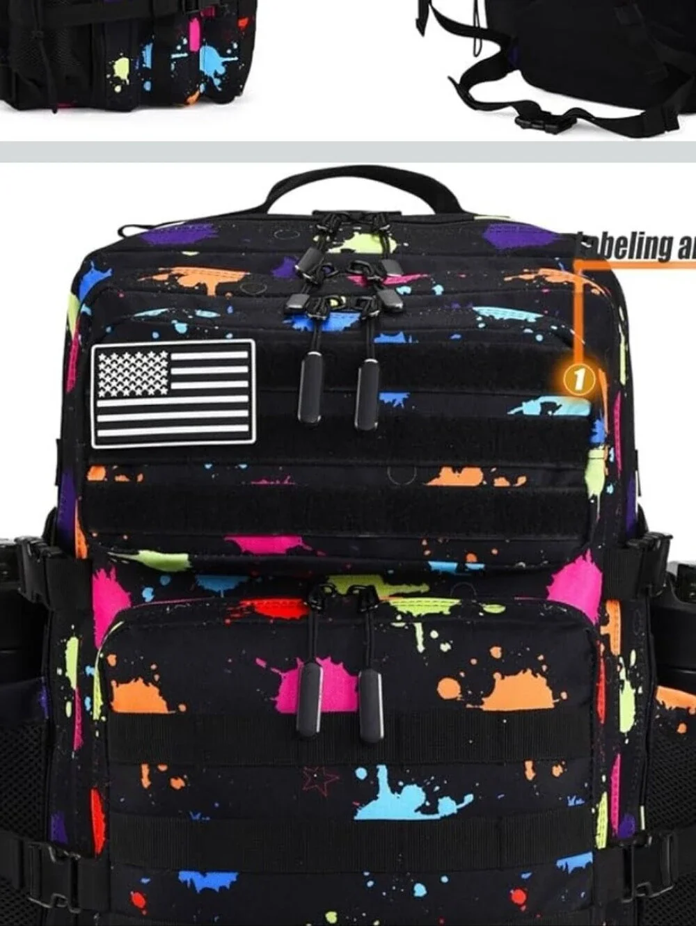 Tactical Backpack for Men - Black with Multicolor Paint Splatter
